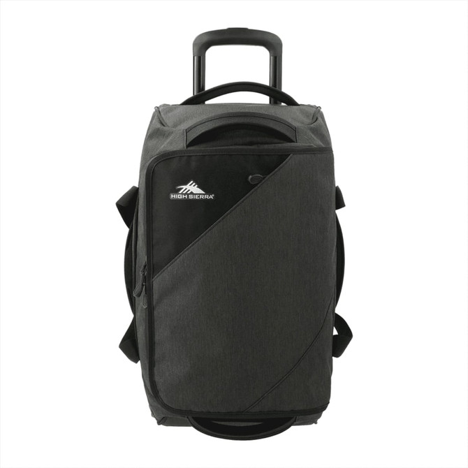 A wheeled duffel bag in black with a sleek design and a logo, featuring a retractable handle.