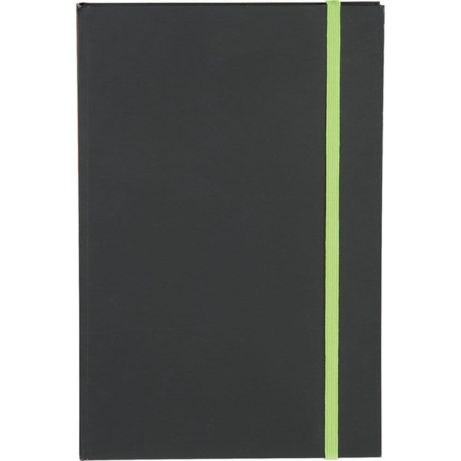 A black journal with a bright green elastic band, featuring a logo on the front cover.