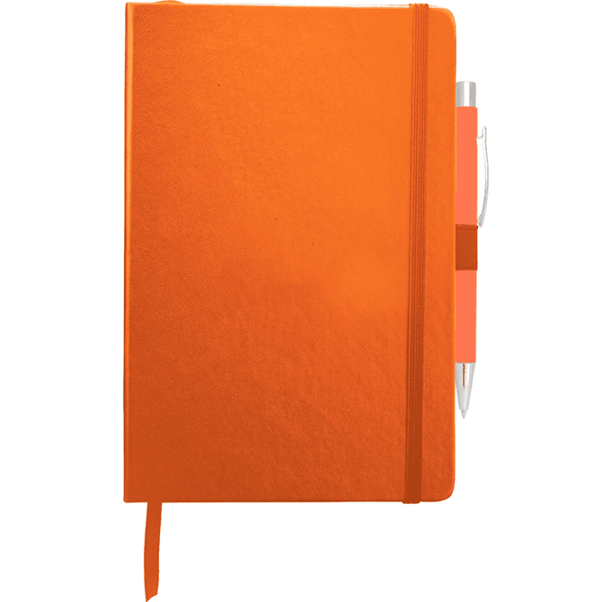 An orange journal with a pen attached, featuring a textured cover and an elastic closure.