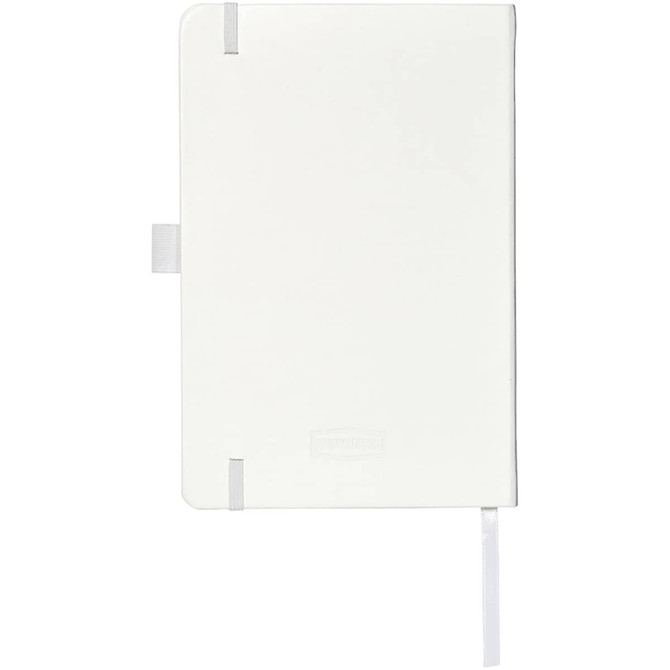 A white journal with a smooth cover, featuring a ribbon bookmark and an elastic closure; includes a logo.