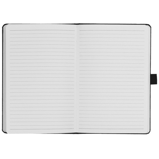 A black-bound journal with lined pages, featuring a ribbon bookmark and an interior pocket.