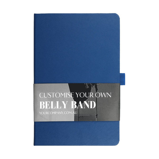 A blue journal with a belly band for customisation, featuring a sleek design and a bookmark.