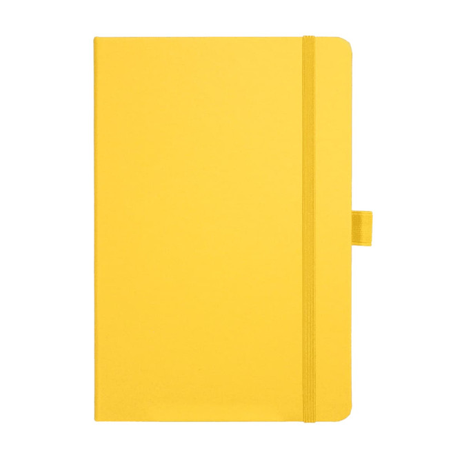 A yellow Nova Bound JournalBook with an elastic band and a ribbon marker. It features a logo on the cover.