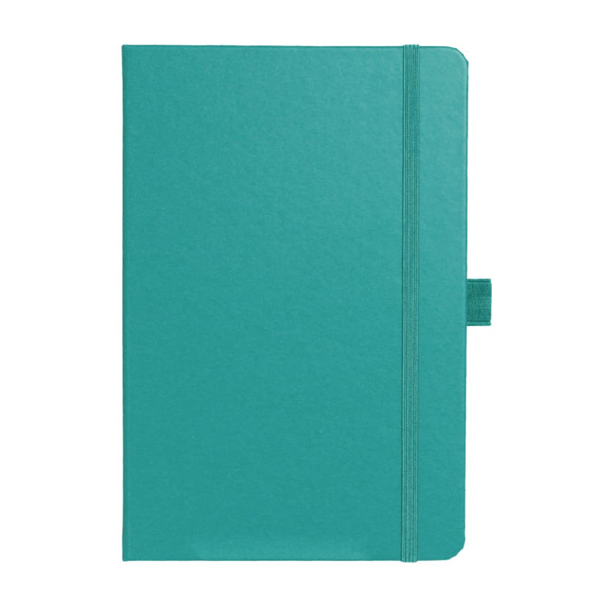 A teal Nova Bound JournalBook featuring a fold-over cover and an elastic closure, with a logo on the front.