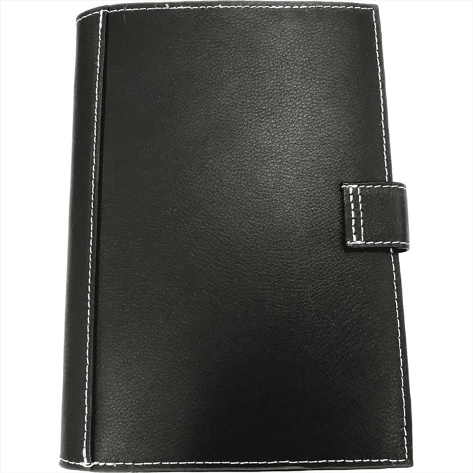 A5 journal cover in black with white stitching and a clasp closure. Features a logo on the front.