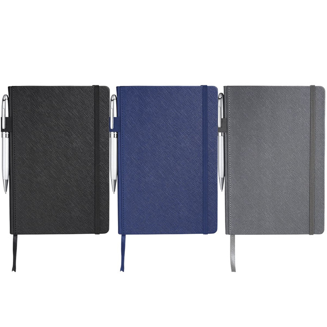 Three notebooks in black, blue, and grey with elastic closures and pens attached. Each has a textured finish.