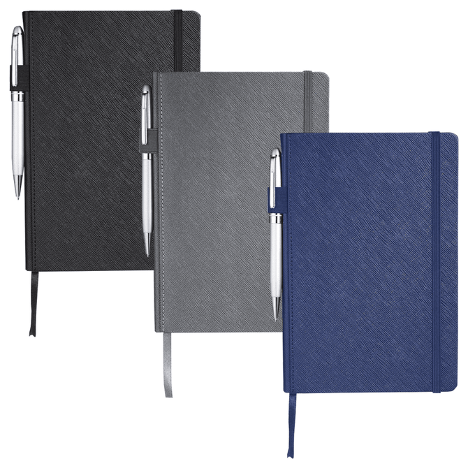A set of three Modena Bound JournalBooks in black, grey, and navy, each with a pen attached and an embossed texture.