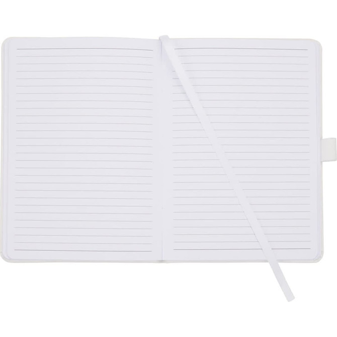 A hardbound journal with blank lined pages and a ribbon bookmark, featuring a simple, clean design.
