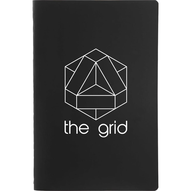 A black journal featuring a geometric design and a logo on the front cover.