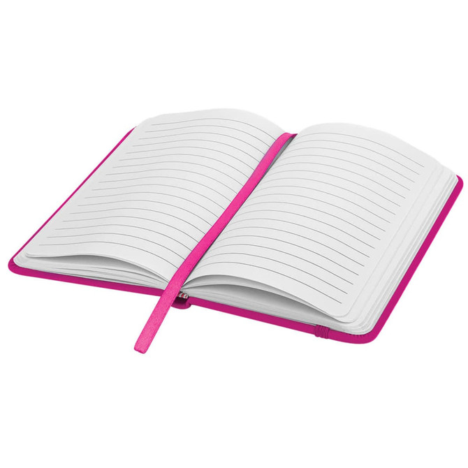 An open notebook with lined pages and a bright pink cover, featuring a matching ribbon bookmark.