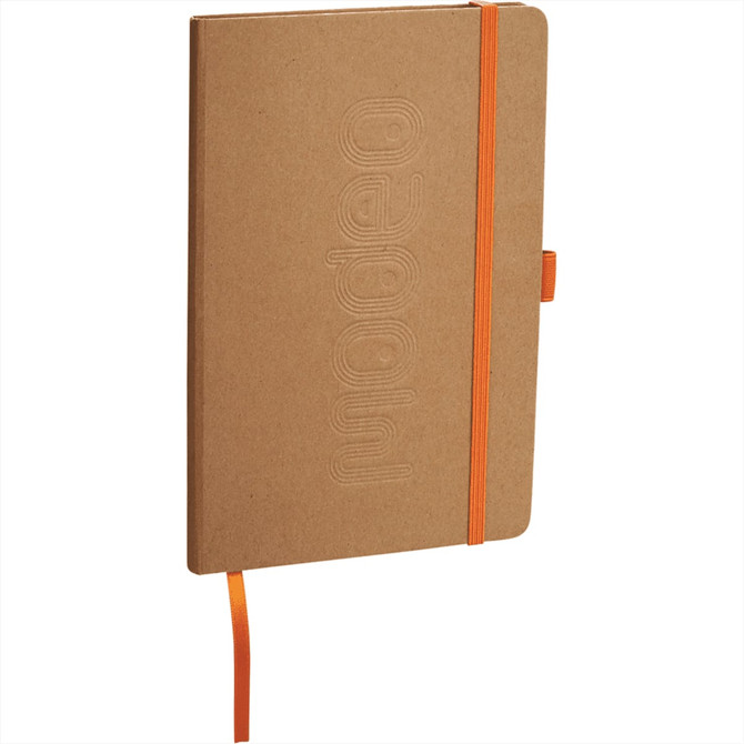 A tan journal with an embossed design, featuring an orange elastic band and a ribbon bookmark.