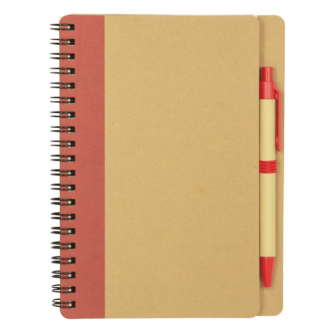 A brown spiral-bound notebook with a red stripe and a matching red ballpoint pen attached.