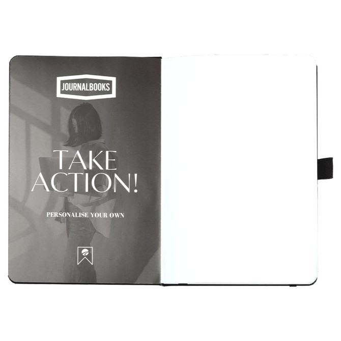A blank, white notebook with a black cover and a logo on the inside. The front page features a motivational phrase.