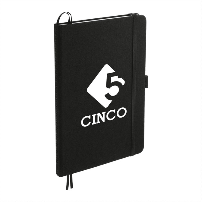 A black notebook with a logo on the cover, featuring an elastic band and a pen loop.