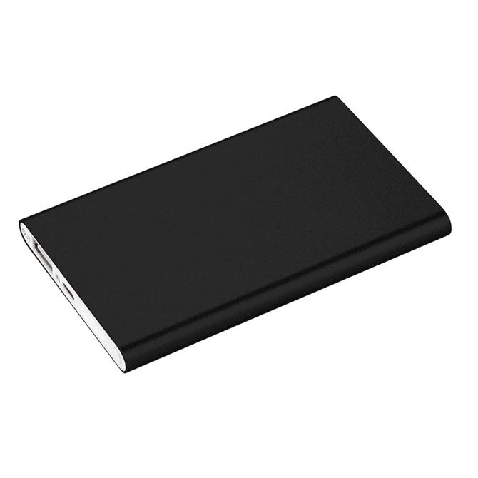 A black 4000 mAh powerbank charger with a sleek design and a minimalistic appearance.