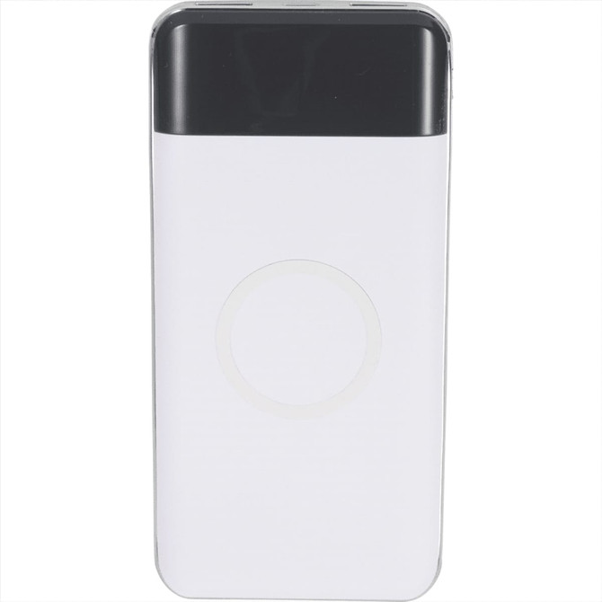 A white and black wireless power bank with a display and a circular charging pad. It also features a logo.