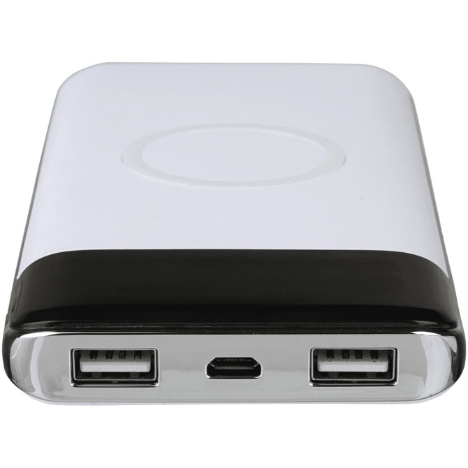 A sleek white and black wireless power bank featuring USB ports and a charging display. It has a logo on the surface.