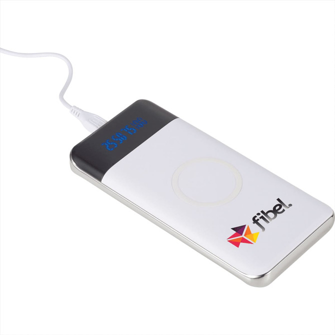 A white wireless power bank with a display and a logo, featuring a charging pad and a silver edge.