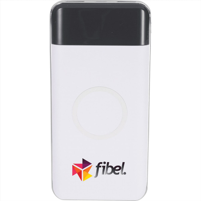 A white wireless power bank with a black top section and a logo, featuring a circular charging area.