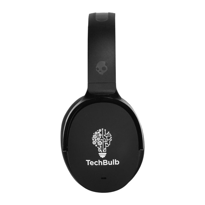 A pair of black wireless headphones featuring a logo and a sleek design.