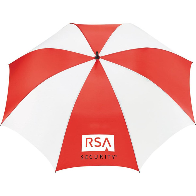 A large golf umbrella with red and white panels and a logo, designed for outdoor use.