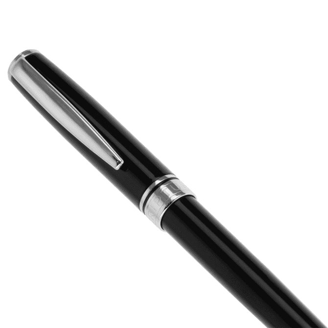 A black rollerball pen with a silver clip and accents, featuring a sleek metal design and a logo.