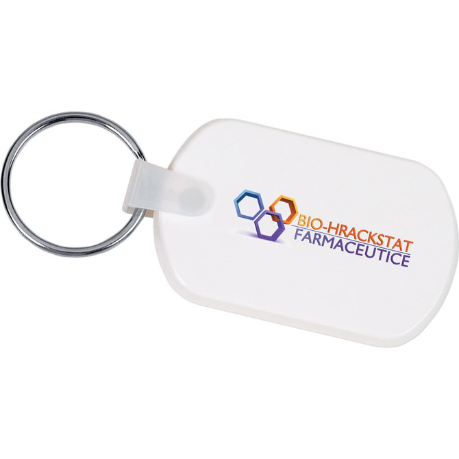 A white rectangular soft key tag with a metal keyring and a logo printed on it.