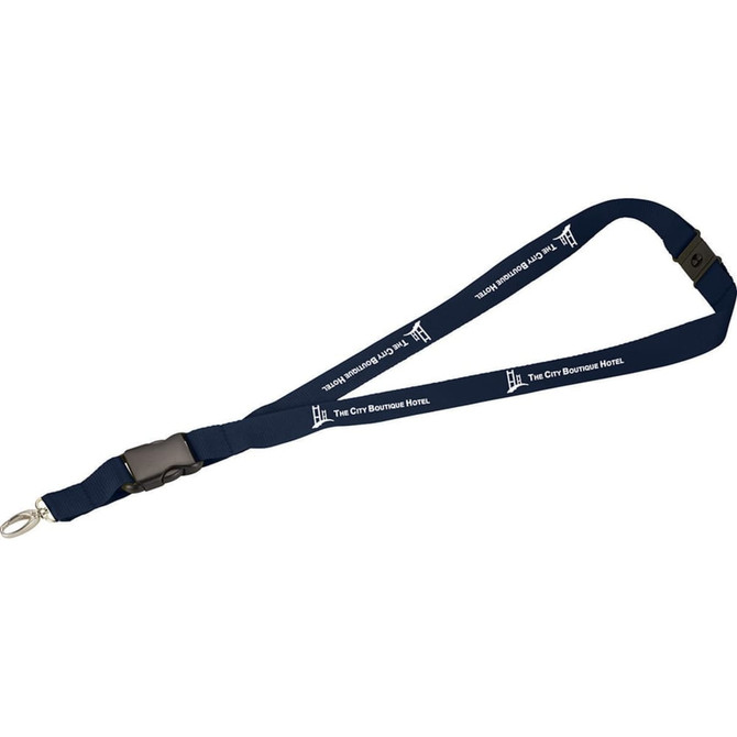 A navy lanyard featuring a branding logo, equipped with a clip for attaching items.