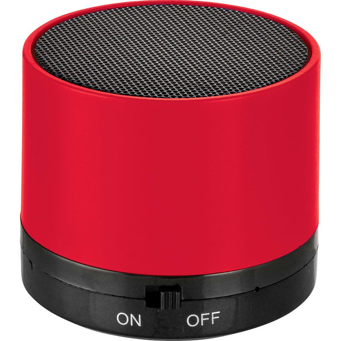A red cylinder Bluetooth speaker with a black mesh top and a switch at the base. It features a logo on the body.