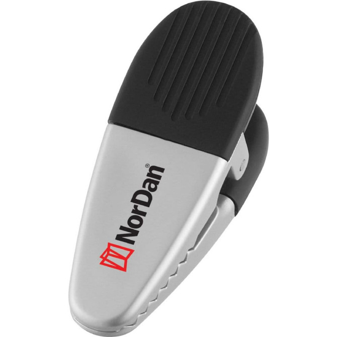 A silver and black magnetic memo holder/clip featuring a logo. Ideal for securing papers or notes.