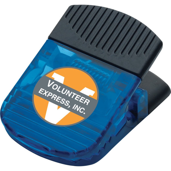 A blue jumbo magnetic memo holder with a black grip and circular logo on the front.
