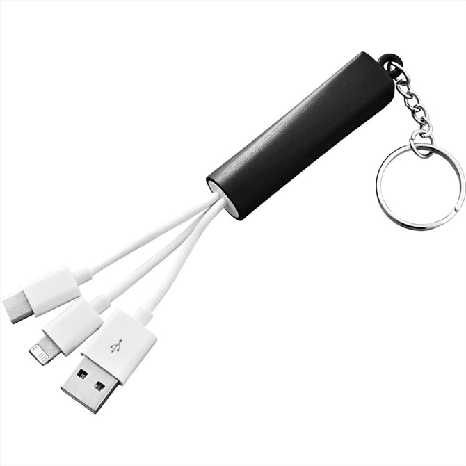 A 3-in-1 charging cable in black with three white connectors, attached to a keychain for portability.