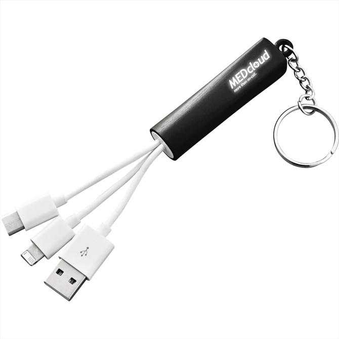 A black 3-in-1 charging cable with multiple connectors and a keychain attachment, featuring a logo.