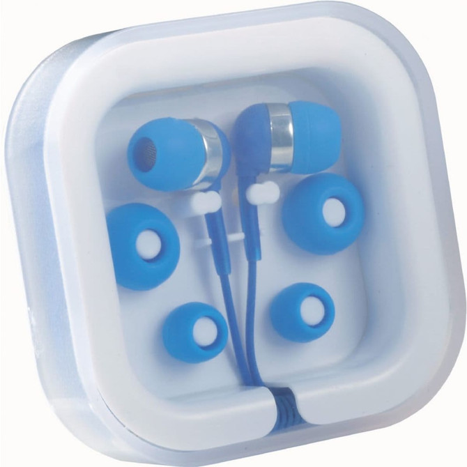 Blue Colour Pop Earbuds packaged in a clear casing with additional ear tips in matching blue hues.