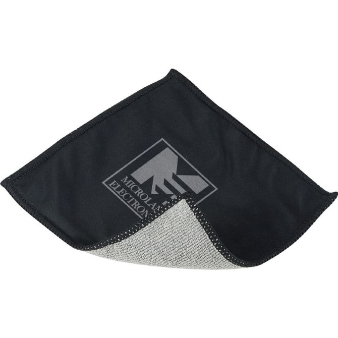 A black and grey cleaning cloth with a logo, designed for screens and technology devices.