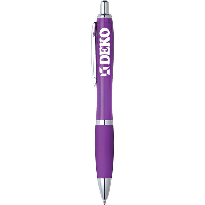 A purple plastic pen with a silver clip and grip, featuring a logo on the barrel.