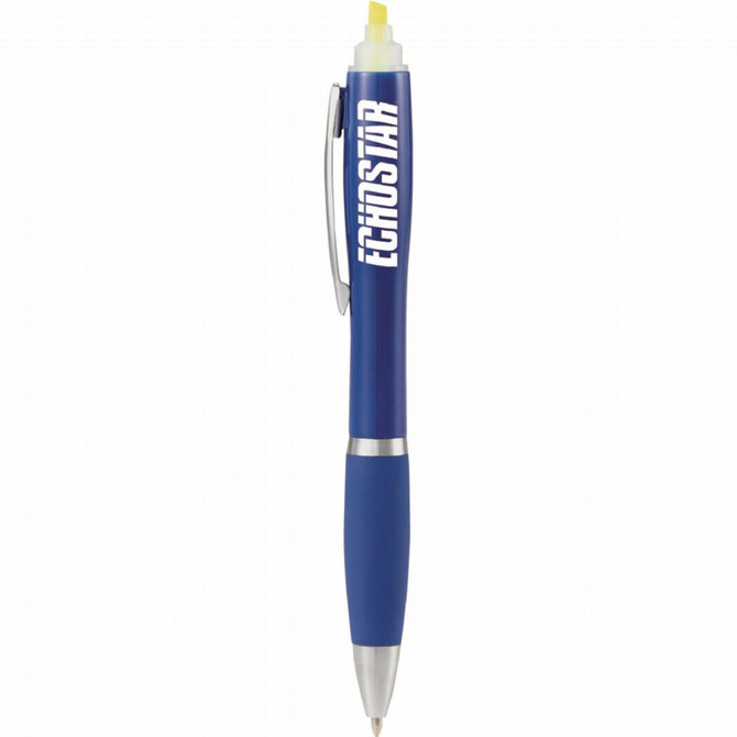 A blue pen with a built-in highlighter and a clip, featuring a logo on the barrel.