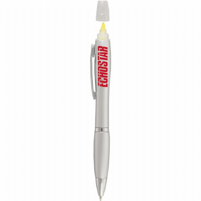 A silver pen with a highlighter tip, featuring a clip and a branding logo. The highlighter is yellow.