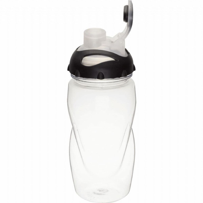 A drink bottle with a clear body and a black lid featuring a flip-top spout and a logo.