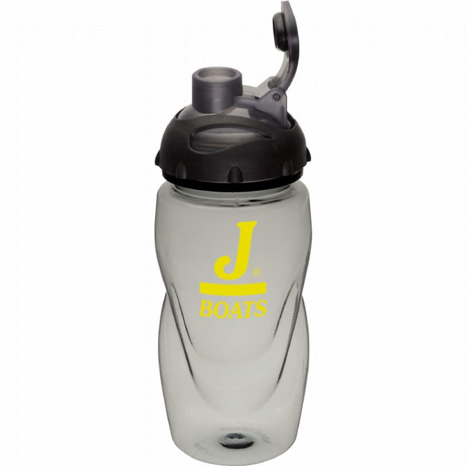 A drink bottle made of clear plastic with a grey lid, featuring a logo on the body.