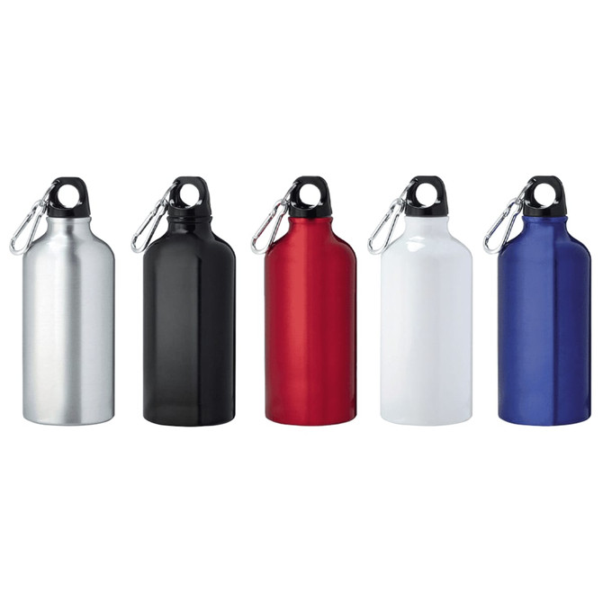 A drink bottle collection featuring five aluminium bottles in silver, black, red, white, and blue, each with a clip top.
