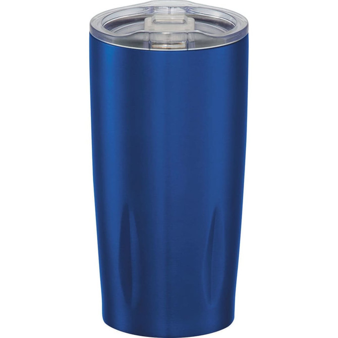 A drink bottle in a glossy blue finish with a clear lid and a logo on the side.