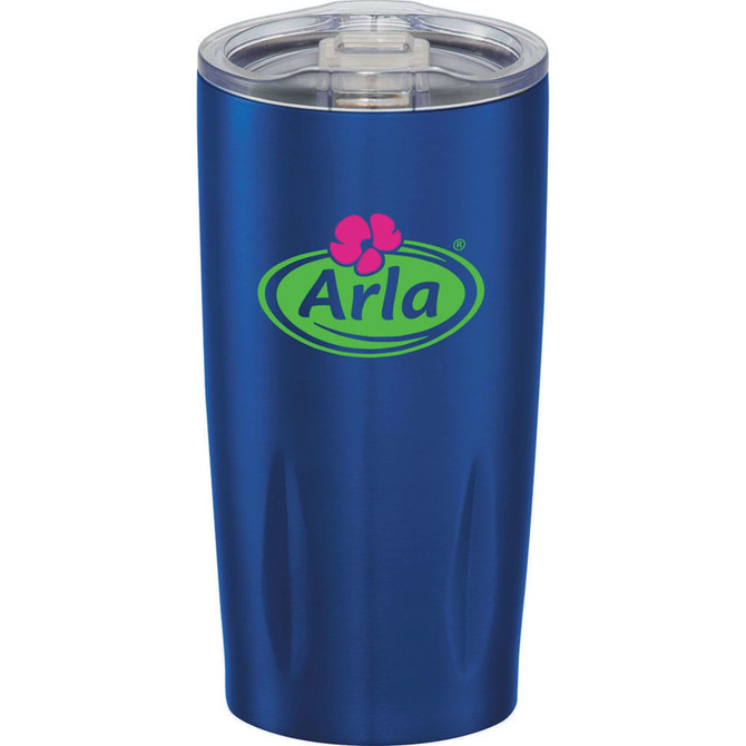 A drink bottle in blue featuring a clear lid and a logo, suitable for hot or cold beverages.