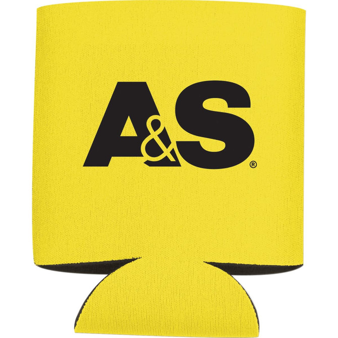 A collapsible can insulator in bright yellow, featuring a logo, designed for 350ml drink cans.