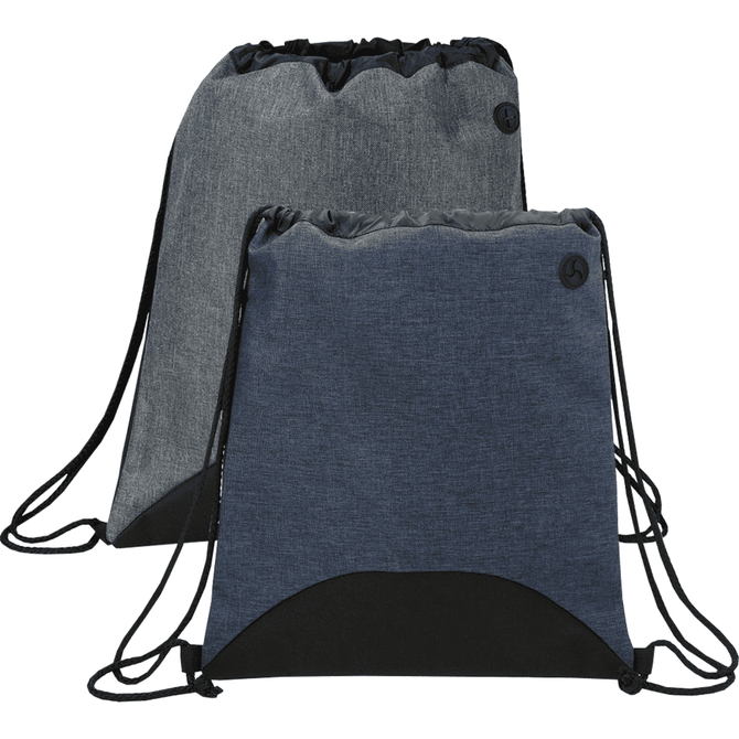 Two drawstring sportspacks in grey and navy blue, each featuring a logo and black base.