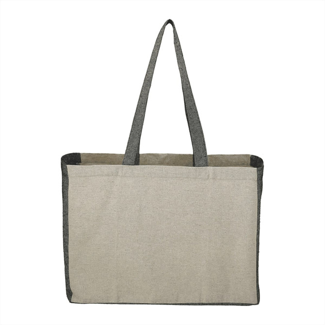 A recycled cotton tote bag in beige with grey contrast sides and long handles. Features an exterior pocket.