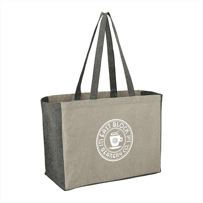 A grey tote bag with darker contrast sides, featuring a logo on one side and sturdy handles.