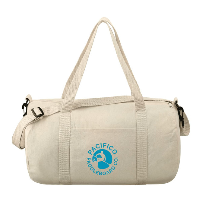A cream cotton barrel duffel bag with shoulder strap and featuring a logo on the front.