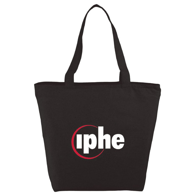A black zippered tote bag with a logo on the front, featuring sturdy handles and a spacious design.