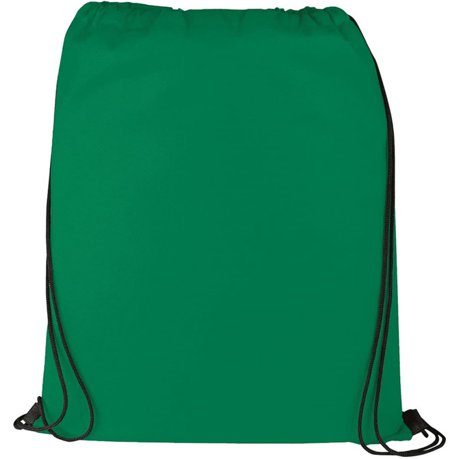 A green non-woven drawstring sportspack with black drawstrings and a logo.